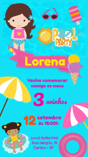 Convite Aniversário Pool Party Menina para Editar Online