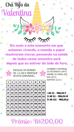 Convite Chá Rifa Unicórnio Editável para Enviar Online