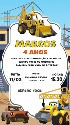 Convite de Aniversário Construção com Tratores para Editar Online