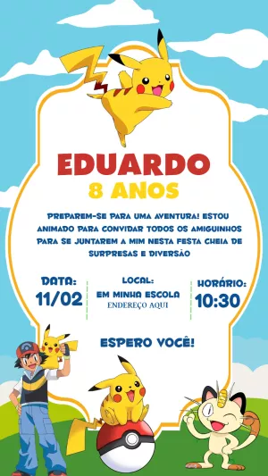 Convite de Aniversário Pokémon com Pikachu para Editar Online