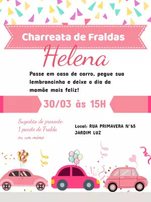 Convite Charreata de Fraldas Menina com Carros para Editar Online