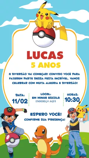 Convite de Aniversário Pokémon com Personagens para Editar Online