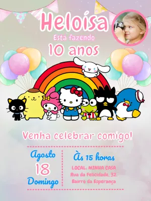 Convite de Aniversário Turma da Hello Kitty com Foto para Editar