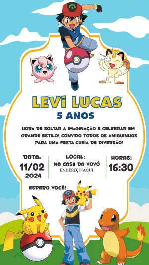 Convite de Aniversário Pokémon com Ash e Pikachu para Editar