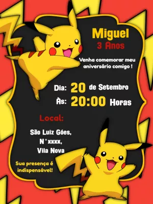 Convite de Aniversário Pikachu para Editar e Imprimir Online