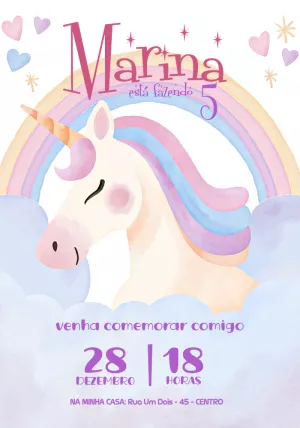 Convite Aniversário Unicórnio Aquarela para Editar Online