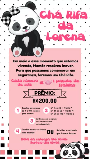 Convite Chá Rifa Panda Fofo para Editar e Imprimir Online