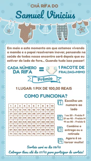 Convite Chá Rifa Varal de Roupas Menino para Editar Online