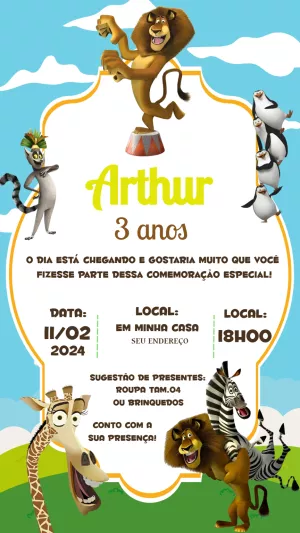 Convite Aniversário Madagascar com Personagens para Editar Online