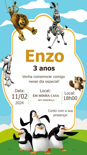 Convite de Aniversário Madagascar com Personagens para Editar