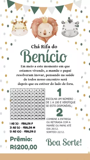 Convite Chá Rifa Safari com Animais para Editar Online