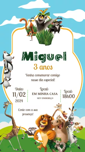 Convite de Aniversário Madagascar com Personagens para Editar
