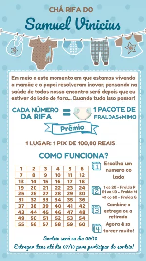 Convite Chá Rifa Menino Varal de Roupas para Editar Online