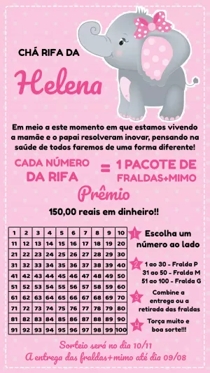 Convite Chá Rifa Elefantinha Rosa para Editar Online