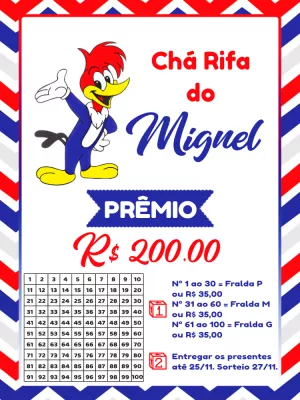 Chá Rifa do Pica Pau com Personagem para Editar Online