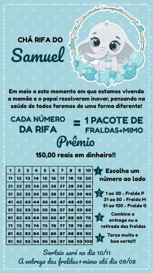 Convite Chá Rifa Elefantinho Azul para Editar Online