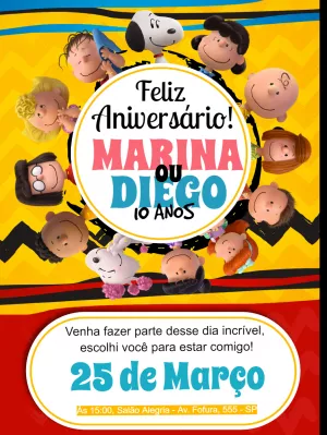 Convite de Aniversário Snoopy e Charlie Brown para Editar Online