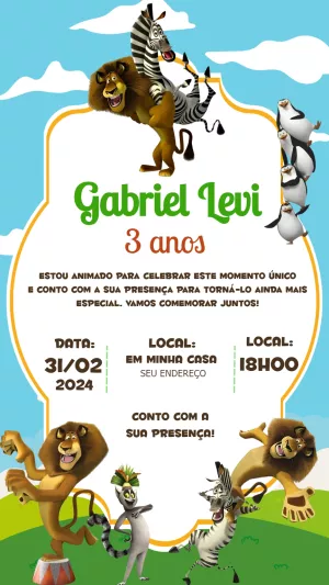 Convite de Aniversário Madagascar com Personagens para Editar
