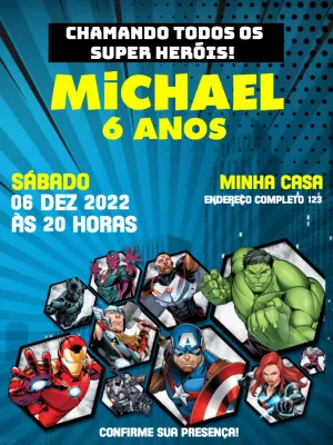Convite de Aniversário Vingadores Heróis Reunidos para Editar