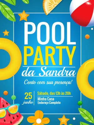 Convite de Aniversário Pool Party com Elementos de Verão para Editar