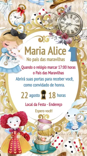 Convite Aniversário Alice no País das Maravilhas para Editar