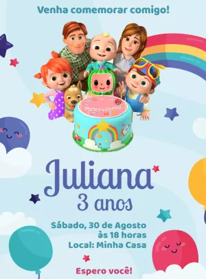 Convite de Aniversário Cocomelon com Personagens para Editar