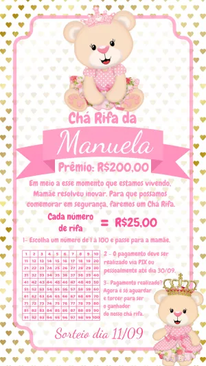 Convite Chá Rifa Ursinha Princesa para Editar Online