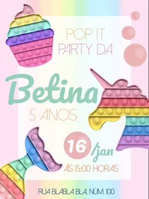 Convite Aniversário Pop It Unicórnio e Sereia para Editar
