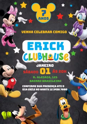 Convite Aniversário Mickey Clubhouse com Turma para Editar