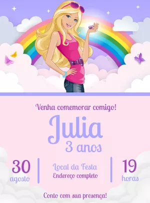 Convite de Aniversário Barbie com Arco-Íris para Editar Online