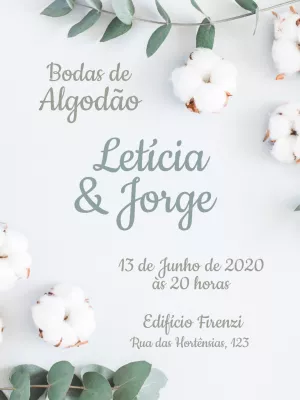 Convite Bodas de Algodão com Eucalipto para Editar Online