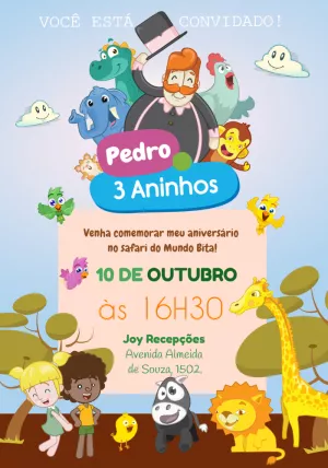 Convite de Aniversário Safari Mundo Bita para Editar Online