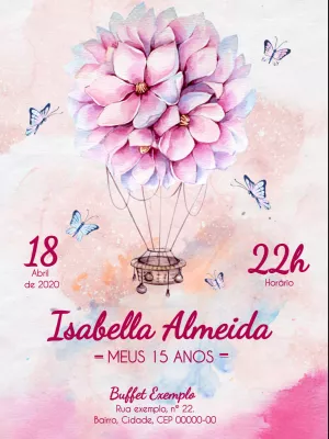 Convite 15 Anos Balão Floral e Borboletas para Editar Online