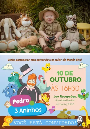 Convite Aniversário Safari Mundo Bita com Foto para Editar Online