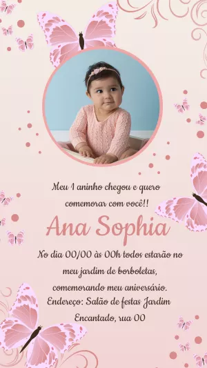 Convite Aniversário Jardim de Borboletas com Foto para Editar