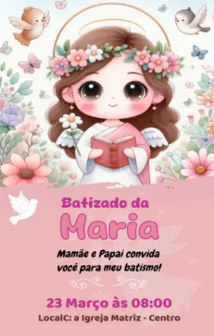 Convite de Batizado Anjinha com Flores para Editar Online