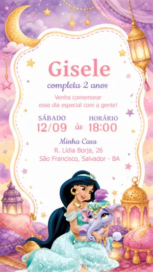 Convite Digital Aniversário Princesa Jasmine para Editar