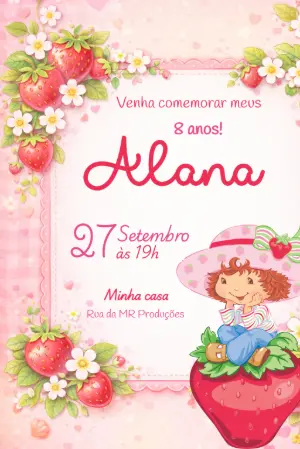 Convite de Aniversário Moranguinho Rosa Modelo Editável