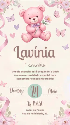 Convite de Aniversário Ursinha Rosa Fofa para Editar