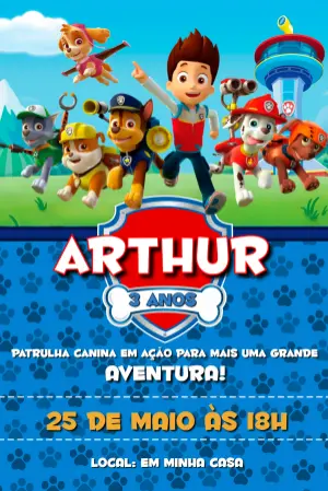 Convite de Aniversário Patrulha Canina para Editar Online