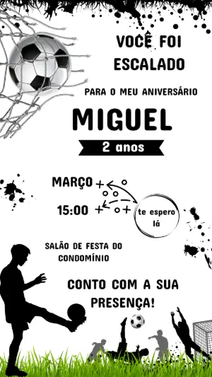 Convite de Aniversário Futebol Preto e Branco para Editar