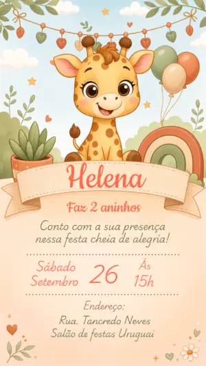 Convite Aniversário Girafinha Boho Editável para Menina