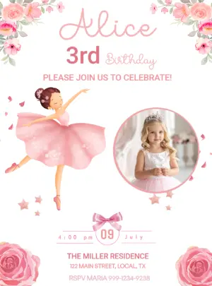 Editable Ballerina Birthday Invitation with Pink Flowers with photo
