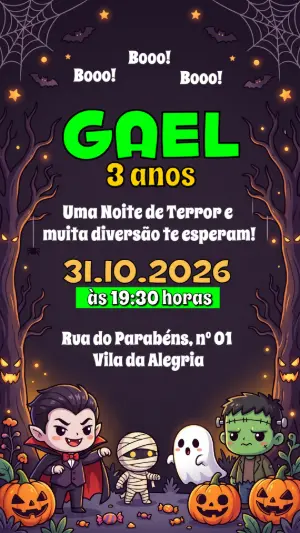 Convite de Aniversário Halloween Menino Fofo para Editar
