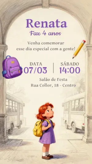 Convite de Aniversário Infantil Tema Escolar Editável