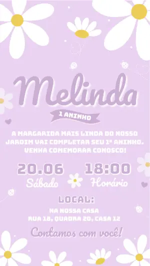 Convite de Aniversário Digital Margarida Lilás para Editar