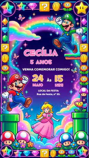 Convite de Aniversário Super Mario Bros Editável e Colorido