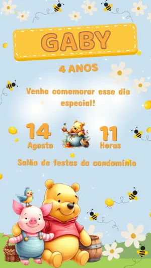Convite de Aniversário Ursinho Pooh Fofo para Editar