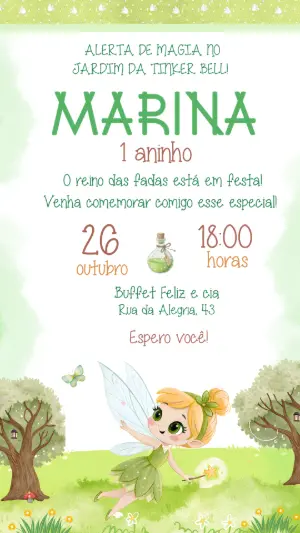 Convite de Aniversário Sininho Jardim Encantado Editável