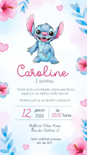 Convite de Aniversário Stitch Havaiano para Editar Online